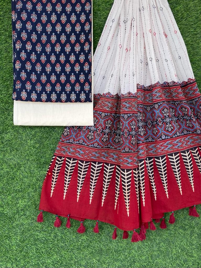 Ajrakh print top with hand kantha work dupatta cotton bottom