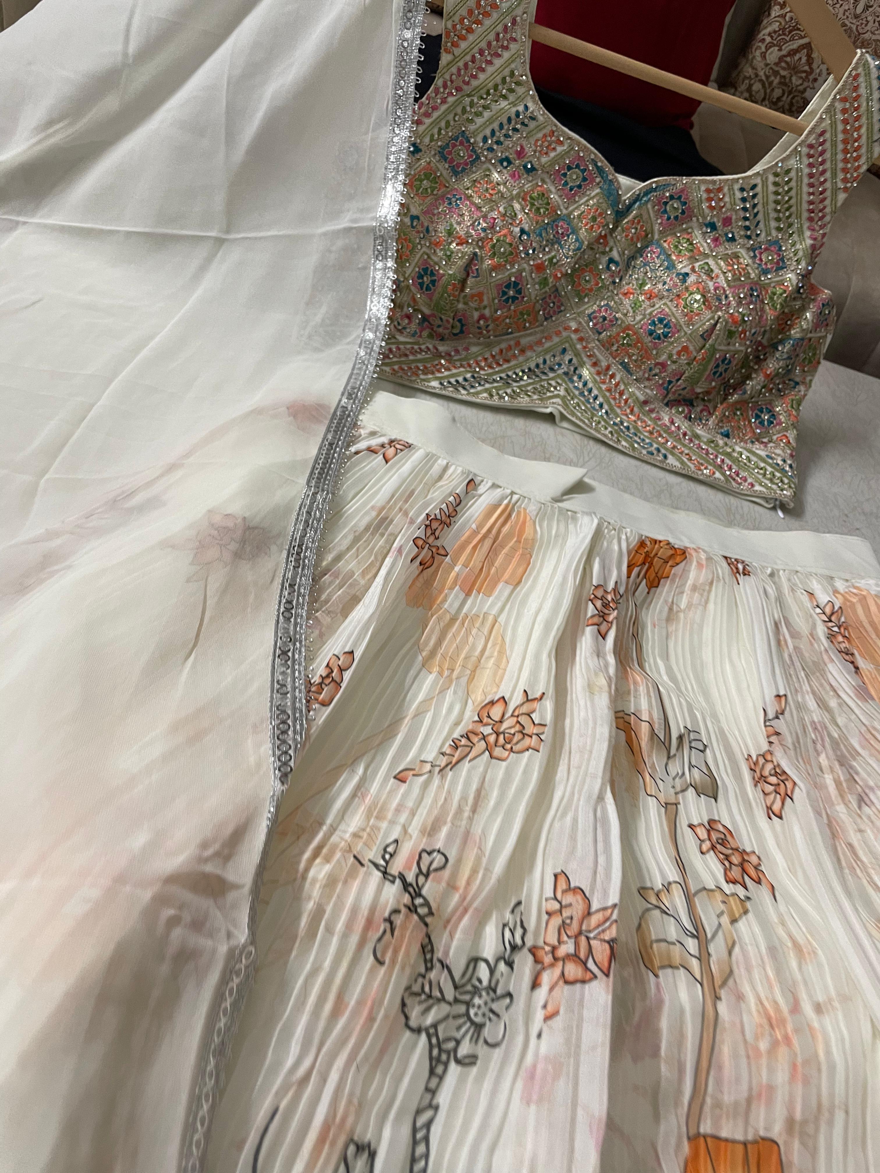 Georgette Crop Top with Digital Print Silk Lehenga
