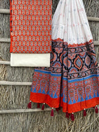 Ajrakh print top with hand kantha work dupatta cotton bottom