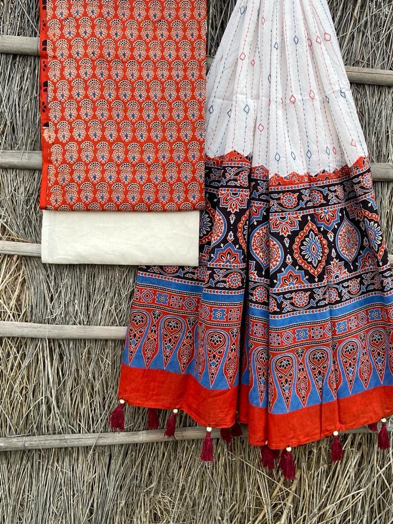 Ajrakh print top with hand kantha work dupatta cotton bottom
