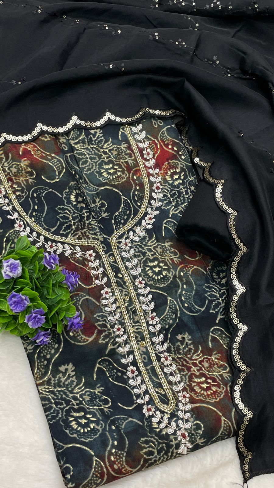 Muslin Suit with embroidery and digital print