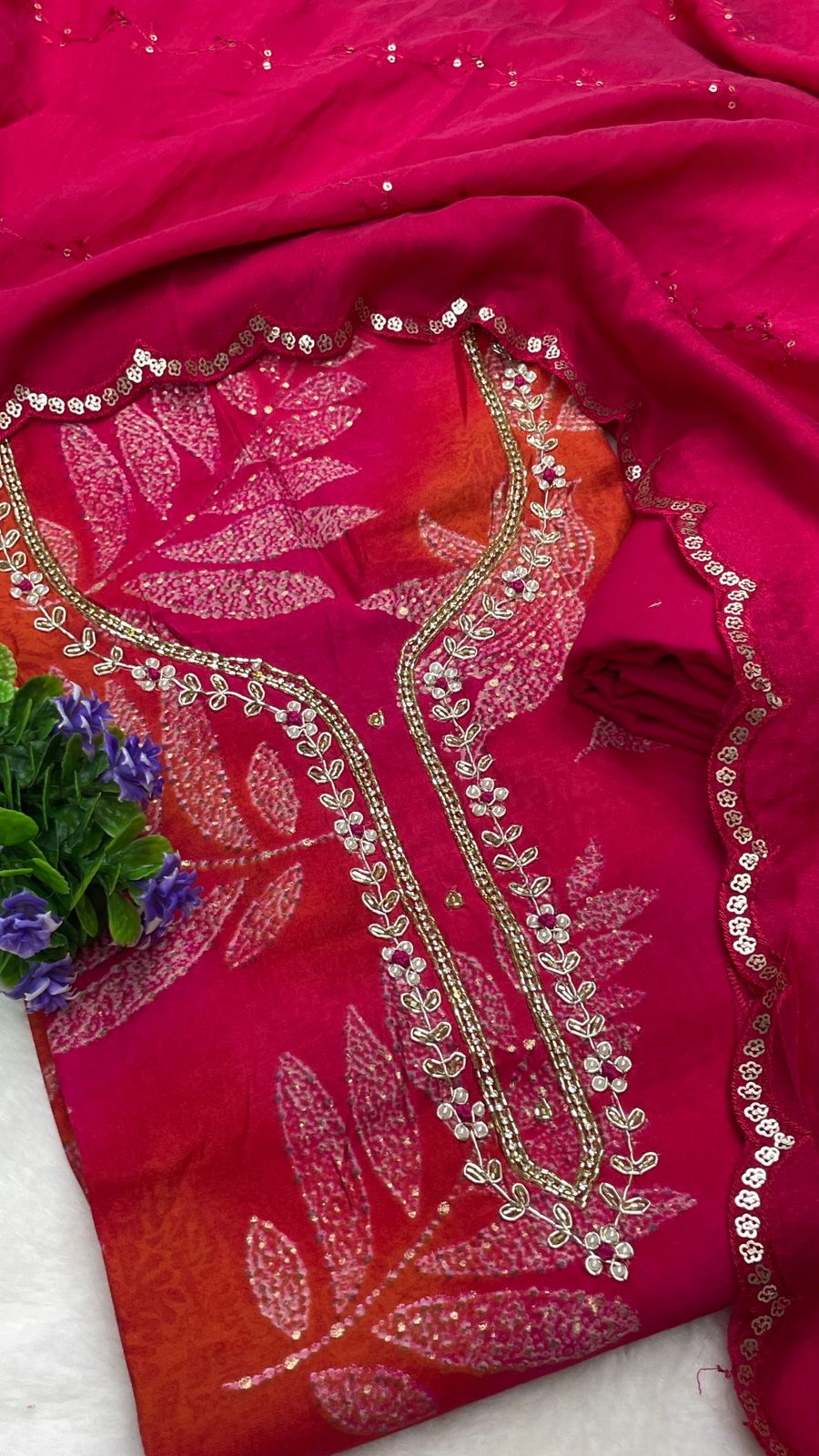 Muslin Suit with embroidery and digital print