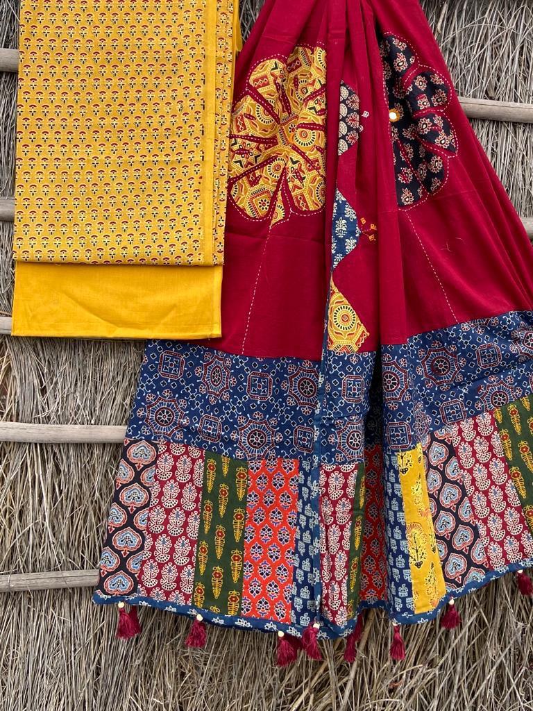 Ajrakh print suit pcs with patch work and mirror work dupatta