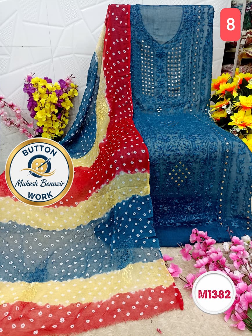 Georgette Hand Embroidered Suit with button mukesh benazir work