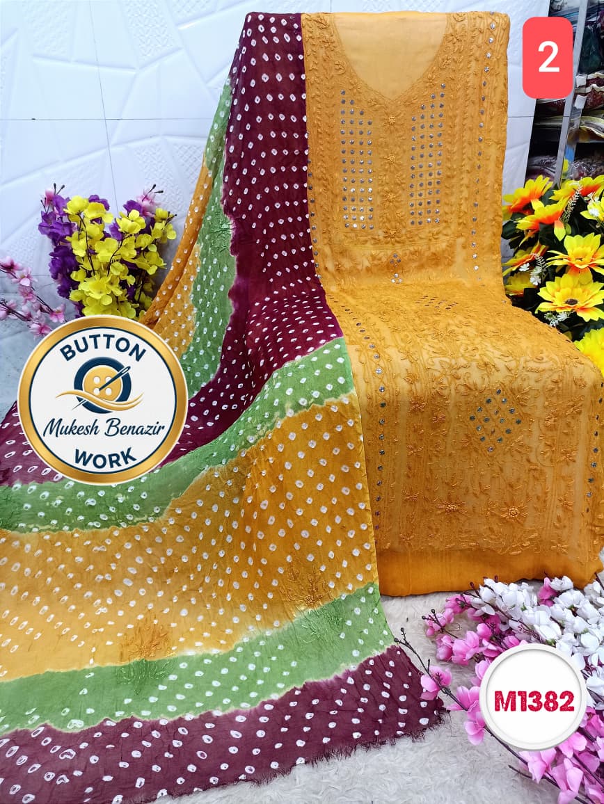 Georgette Hand Embroidered Suit with button mukesh benazir work