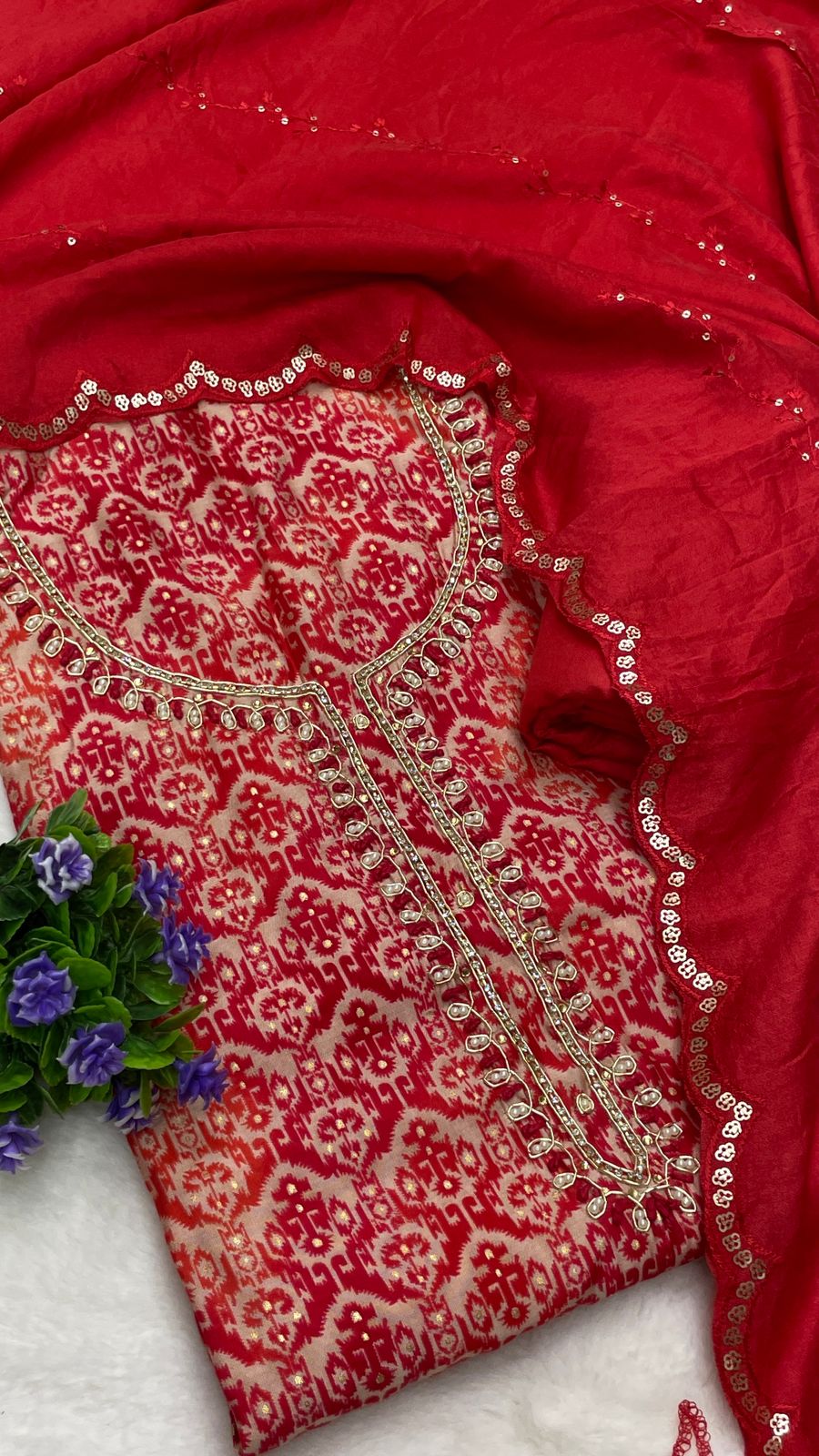 Muslin Suit with embroidery and digital print