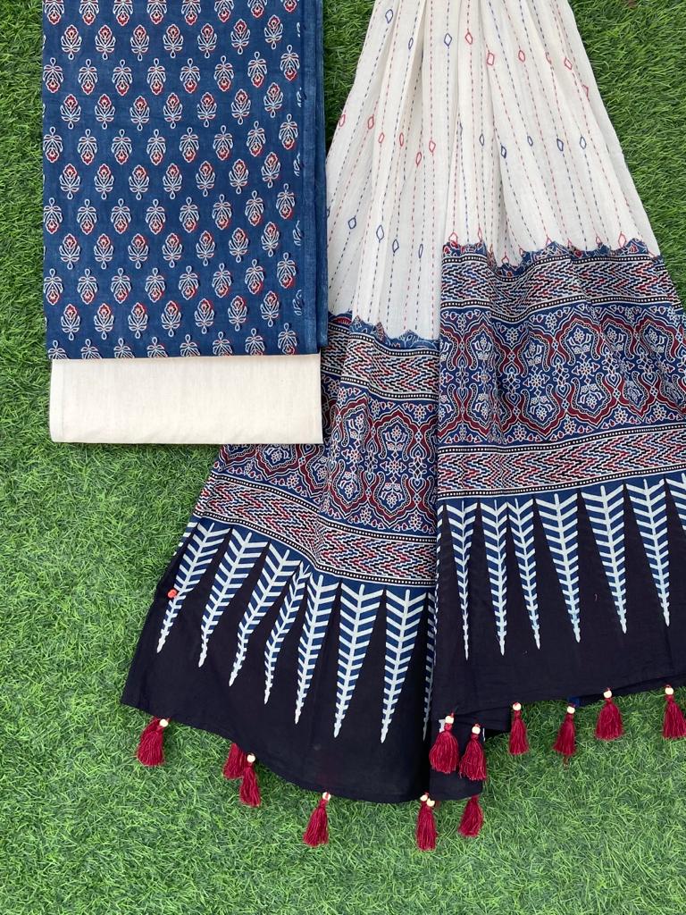 Ajrakh print top with hand kantha work dupatta cotton bottom