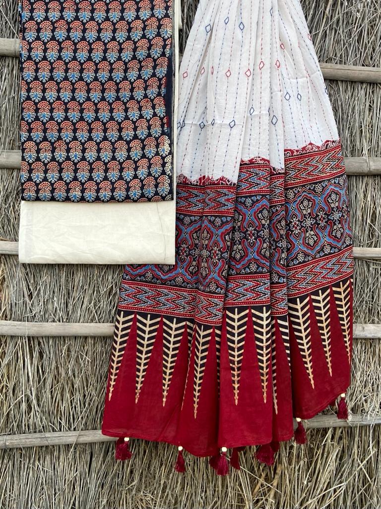 Ajrakh print top with hand kantha work dupatta cotton bottom