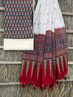 Ajrakh print top with hand kantha work dupatta cotton bottom