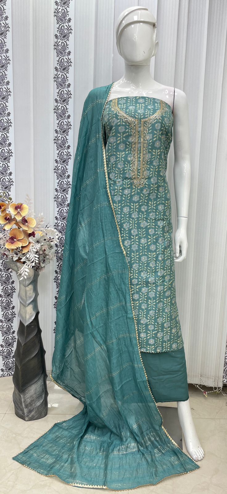 Muslin Suit with embroidery and digital print