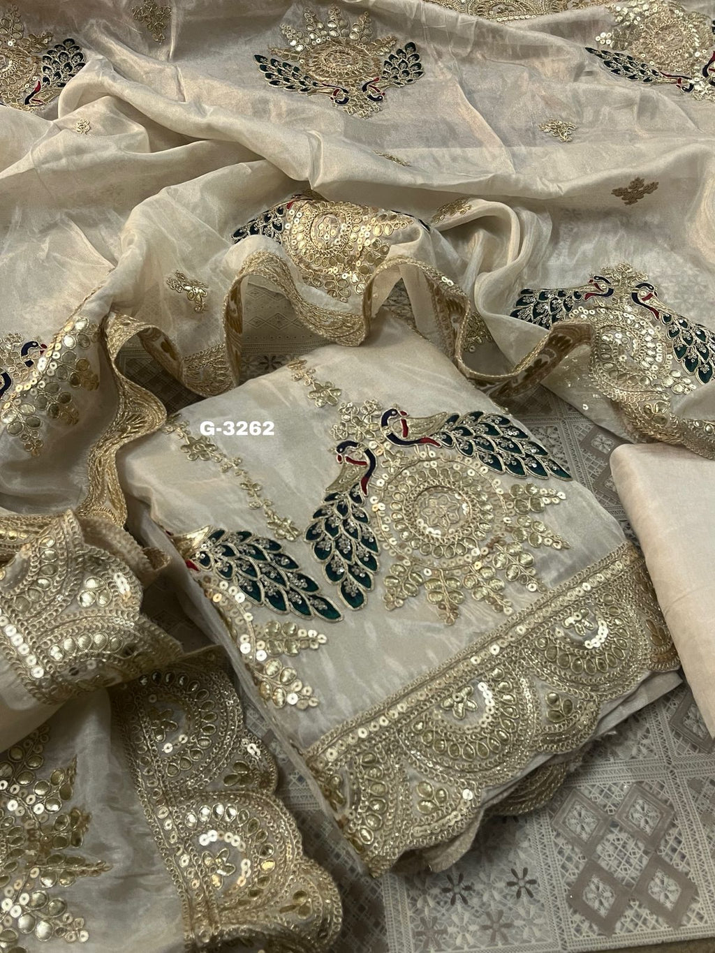 Shimmer Silk Unstitched Suit with gota doriya resham and sequins work