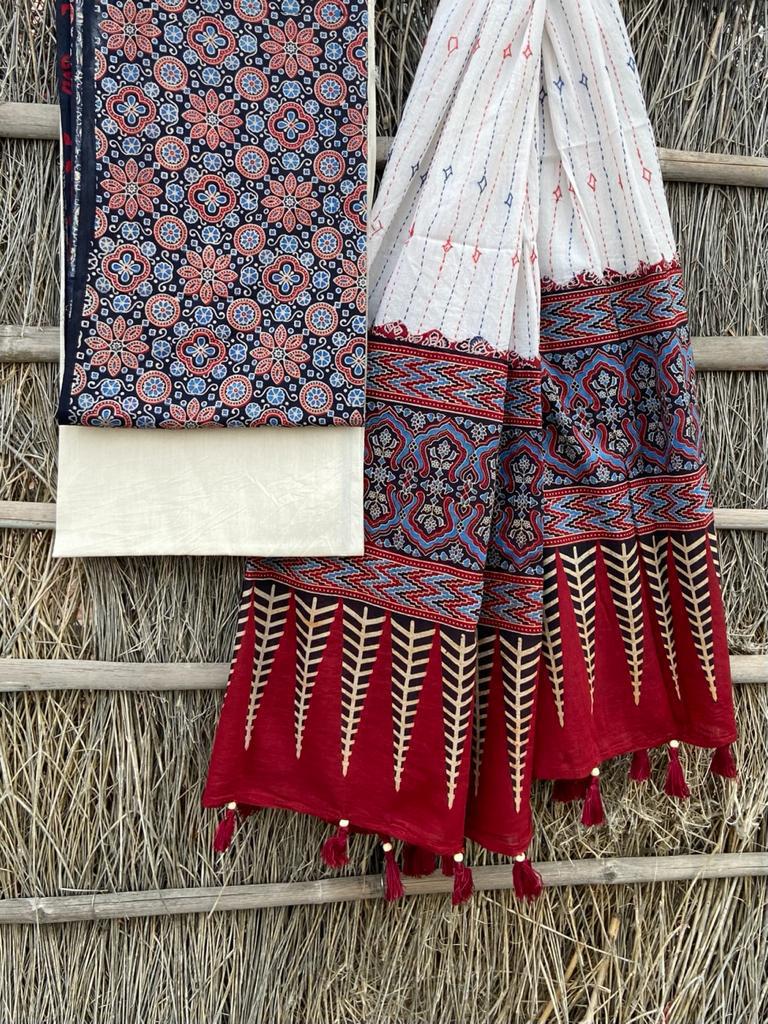 Ajrakh print top with hand kantha work dupatta cotton bottom