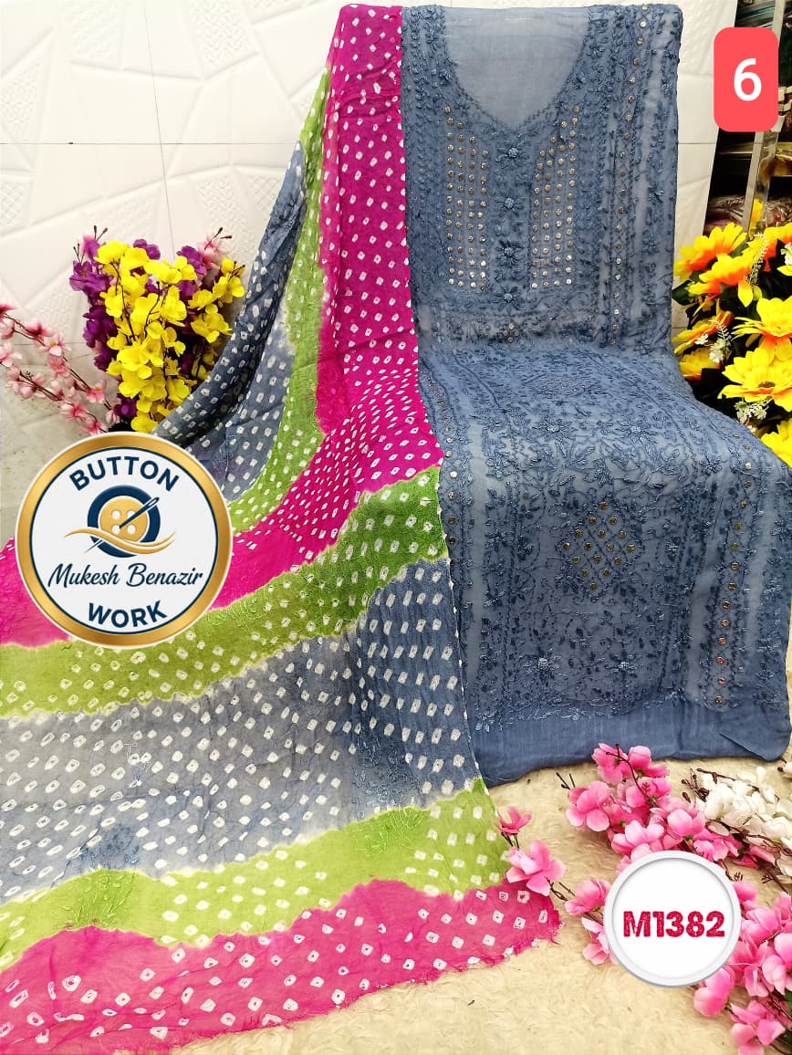 Georgette Hand Embroidered Suit with button mukesh benazir work