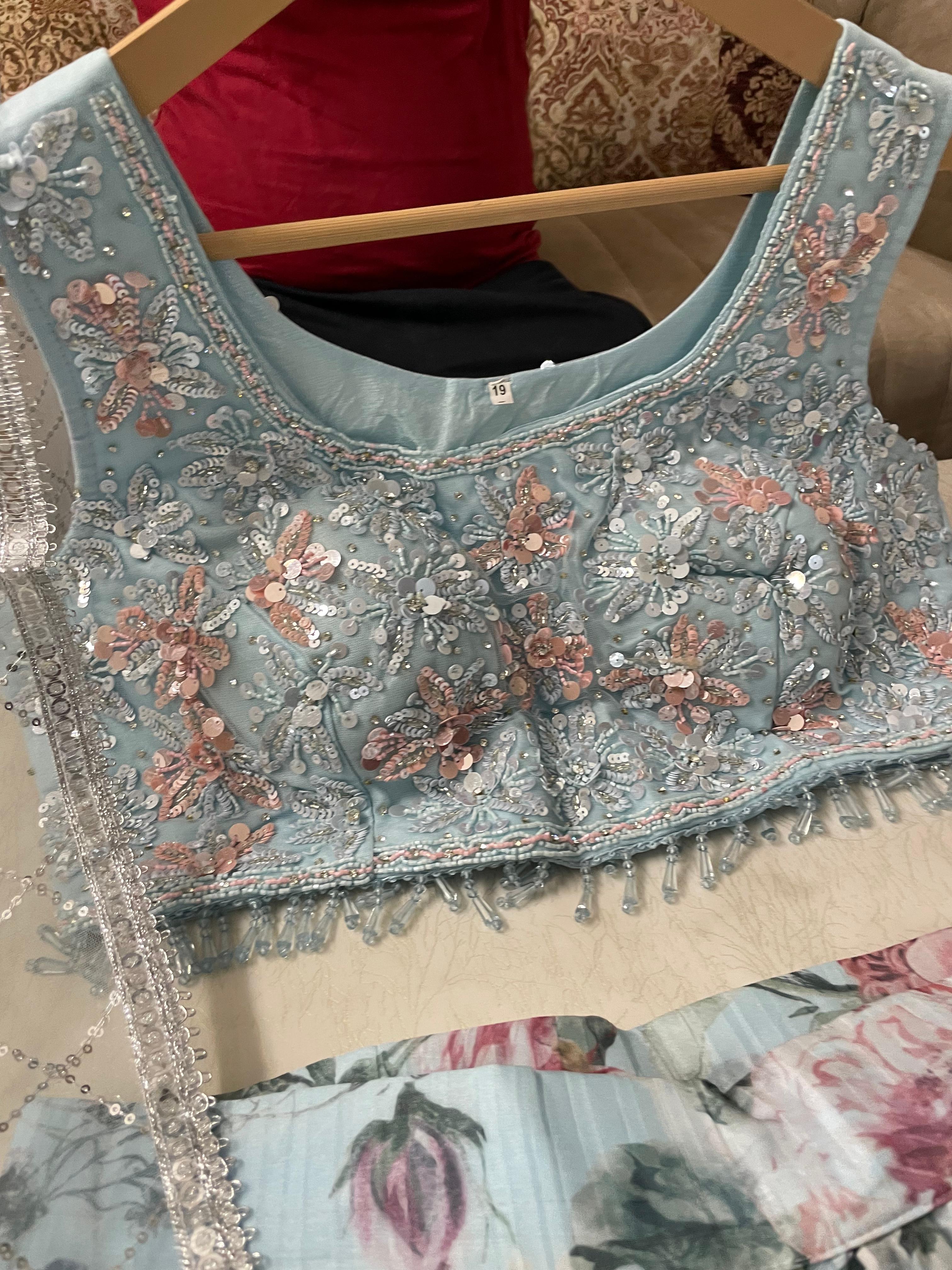 Georgette Crop Top with Digital Print Silk Lehenga