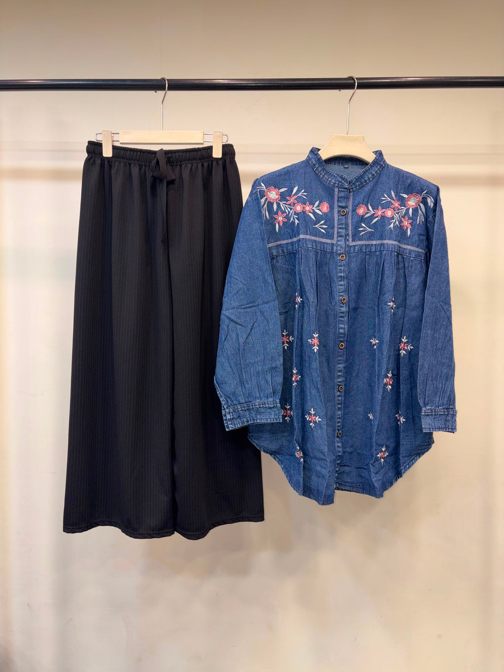 Denim Embroidered Top with Plain Pants