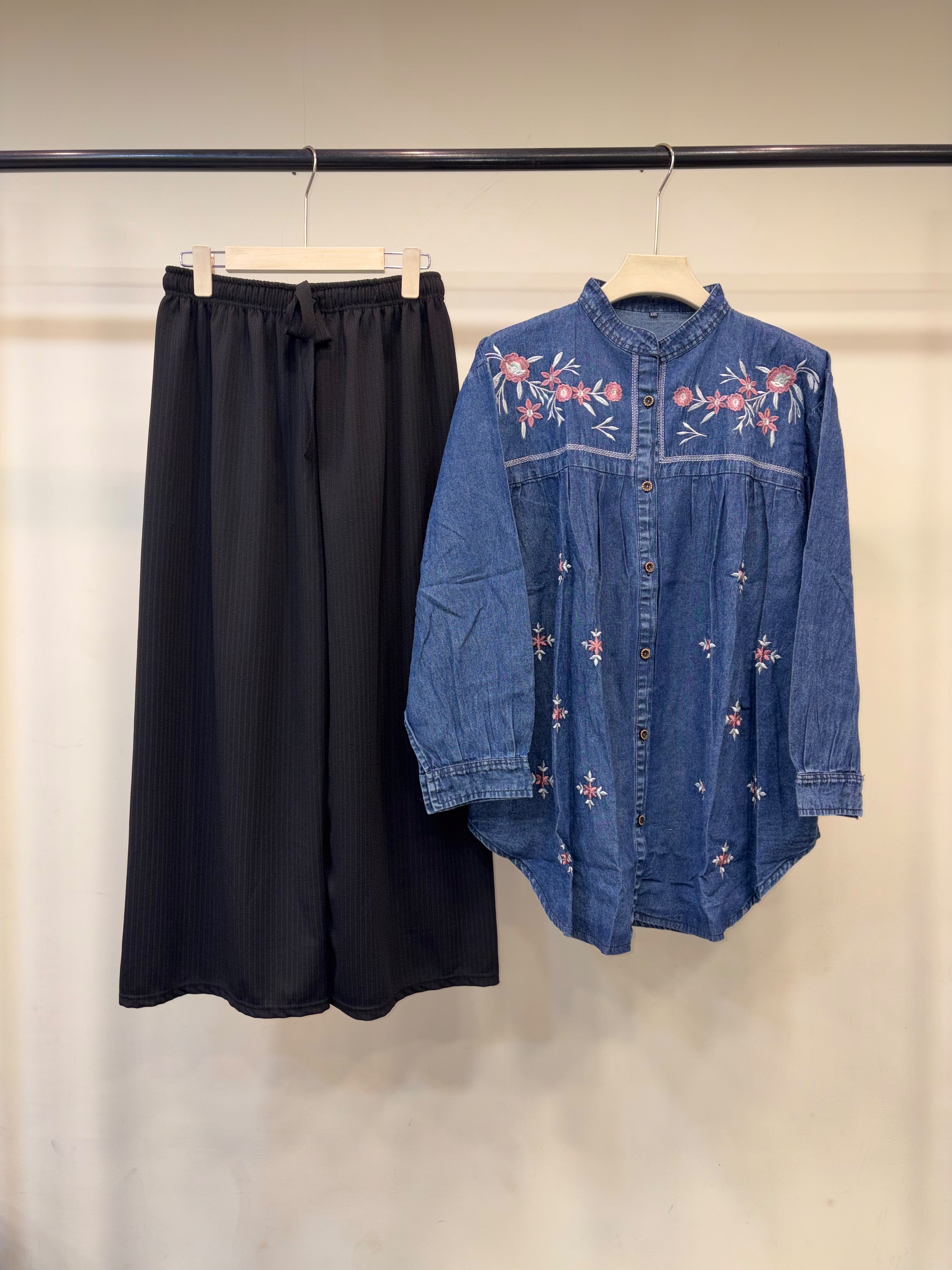 Denim Embroidered Top with Plain Pants