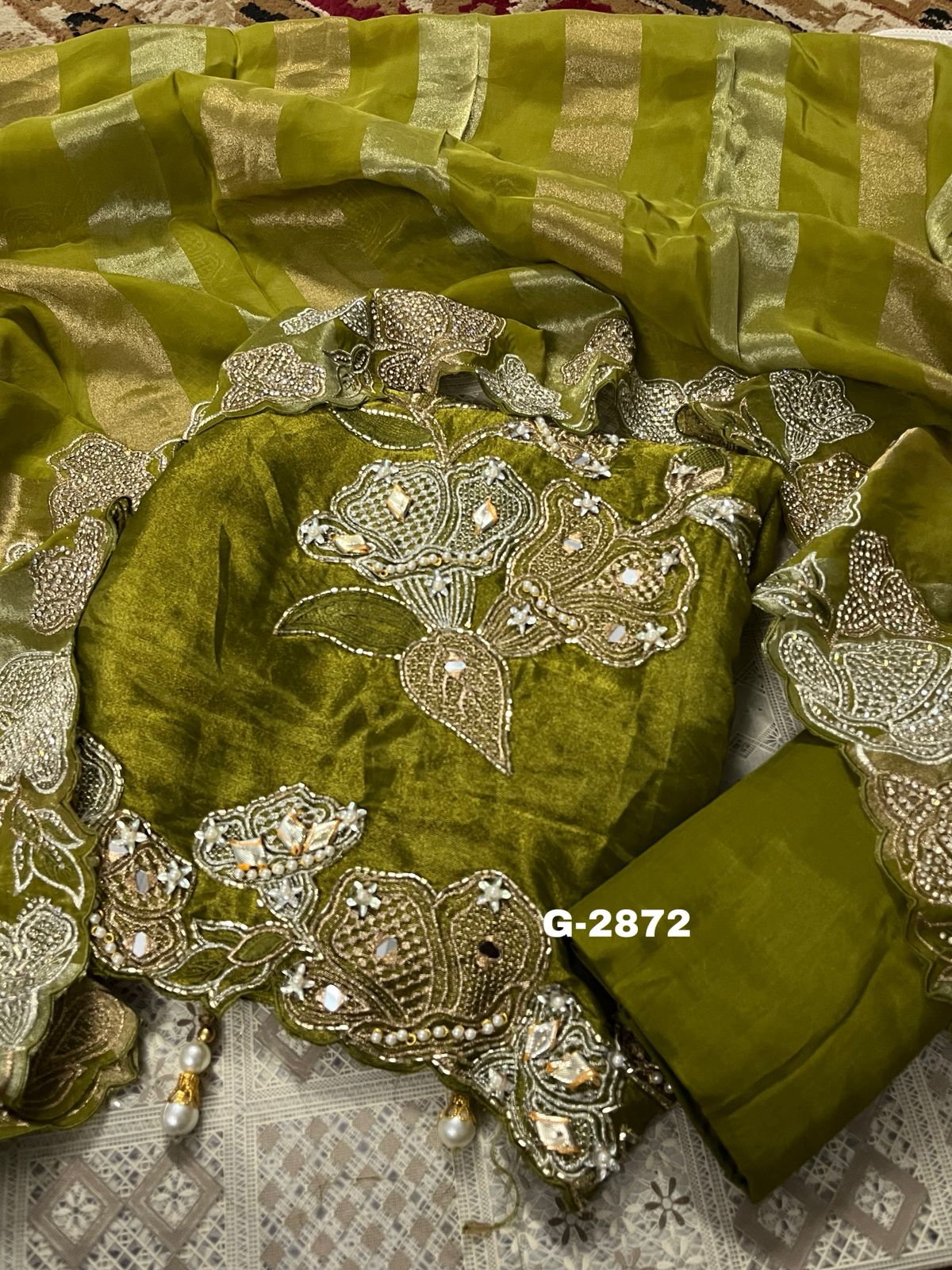 Shimmer Silk Unstitched Suit with pearls katdana and zircon work