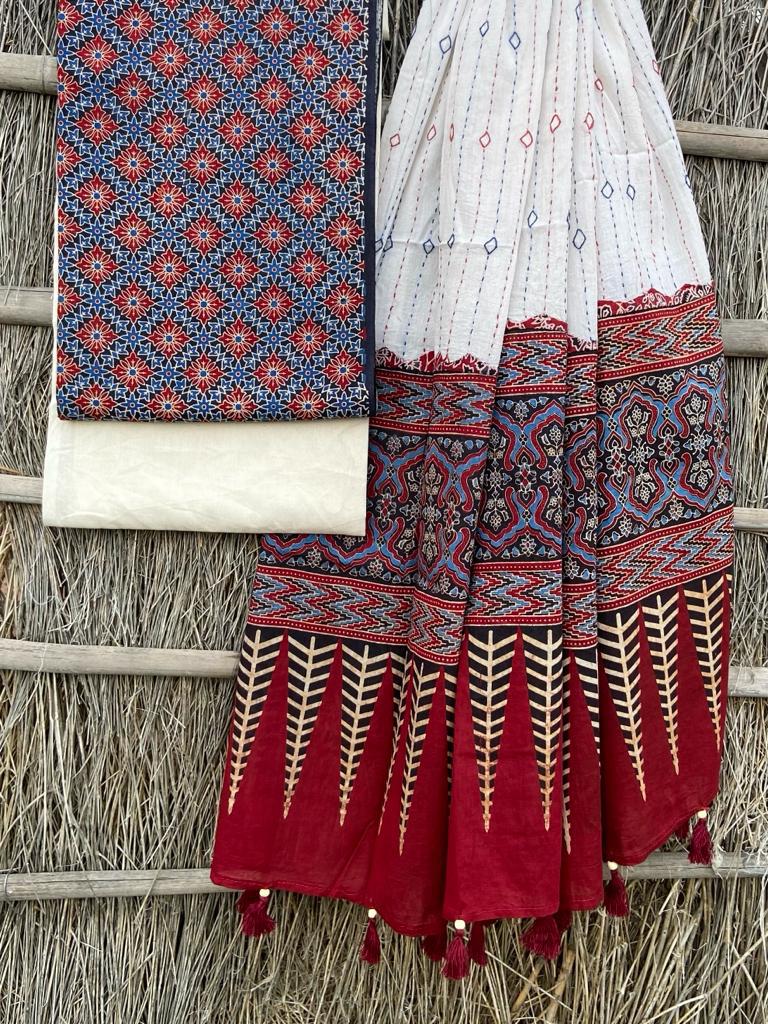Ajrakh print top with hand kantha work dupatta cotton bottom