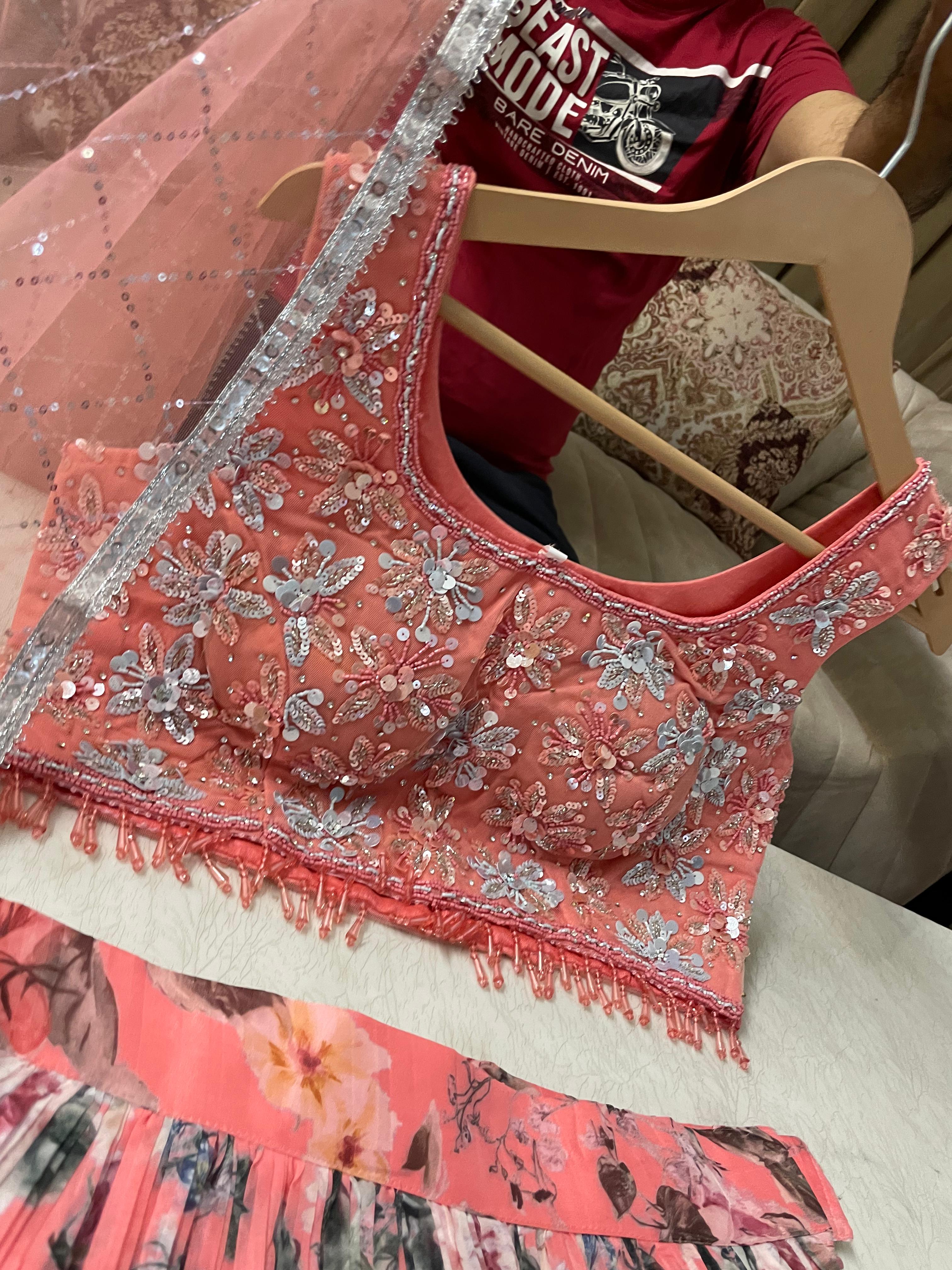 Georgette Crop Top with Digital Print Silk Lehenga