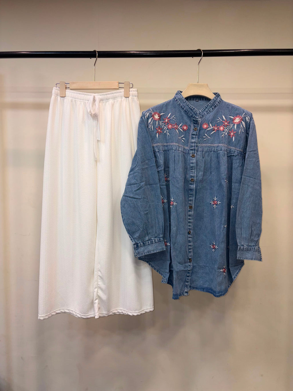Denim Embroidered Top with Plain Pants