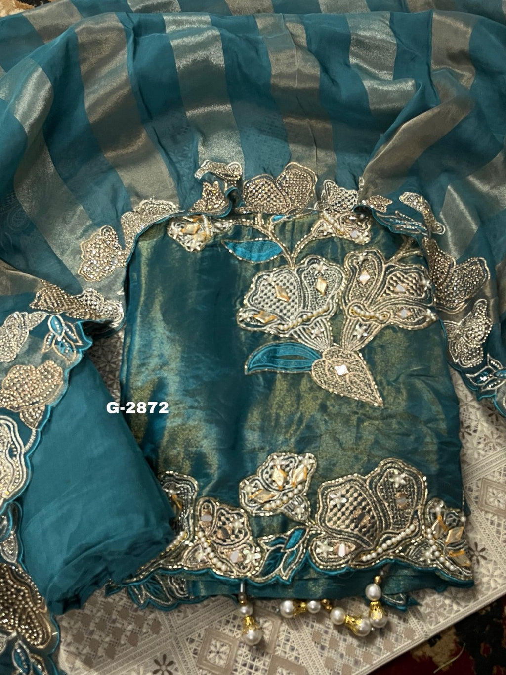 Shimmer Silk Unstitched Suit with pearls katdana and zircon work