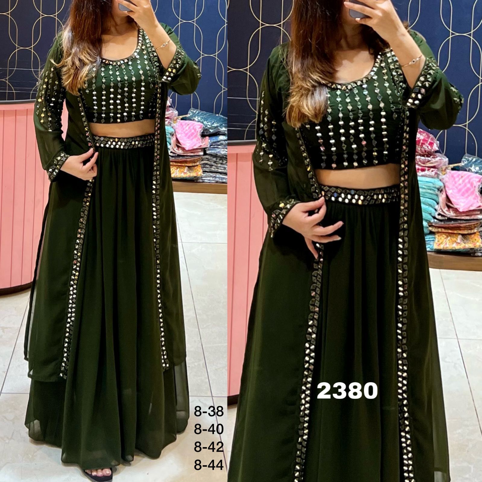 Georgette crop top with skirt and shrug 38 Bottle Green