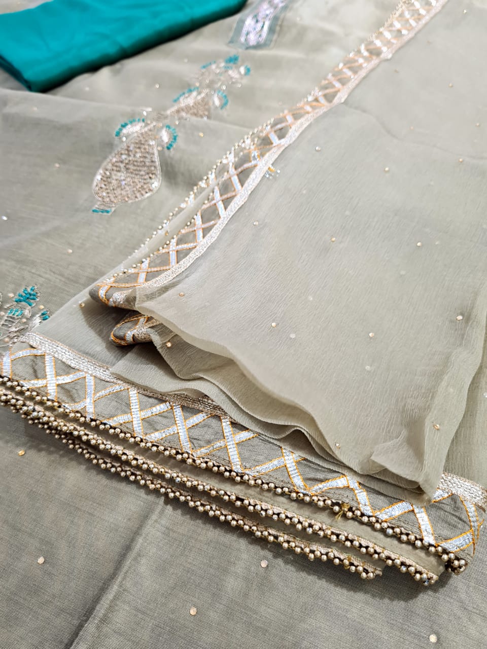 Chanderi Shirt with Gotta work, Chiffon Embroidered Dupatta n Shantoon Bottom