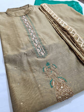 Load image into Gallery viewer, Chanderi Shirt with Gotta work, Chiffon Embroidered Dupatta n Shantoon Bottom