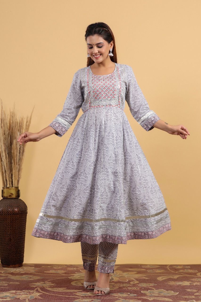 Cotton Bagru Print Anarkali with Ajrakh Print Pant n Dupatta
