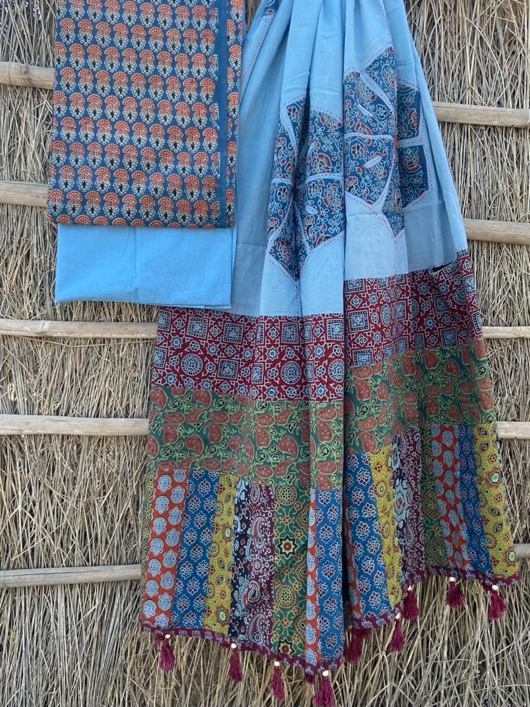 Ajrakh Suits with Applique Dupatta