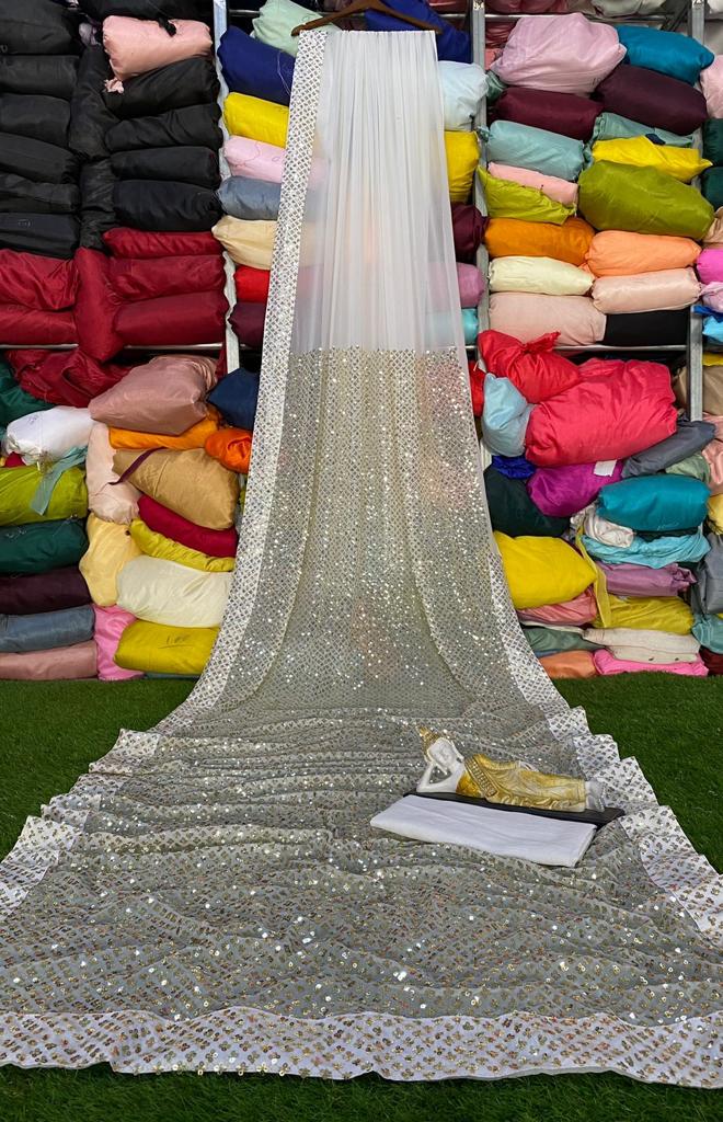 White Sequins Embroidered Saree