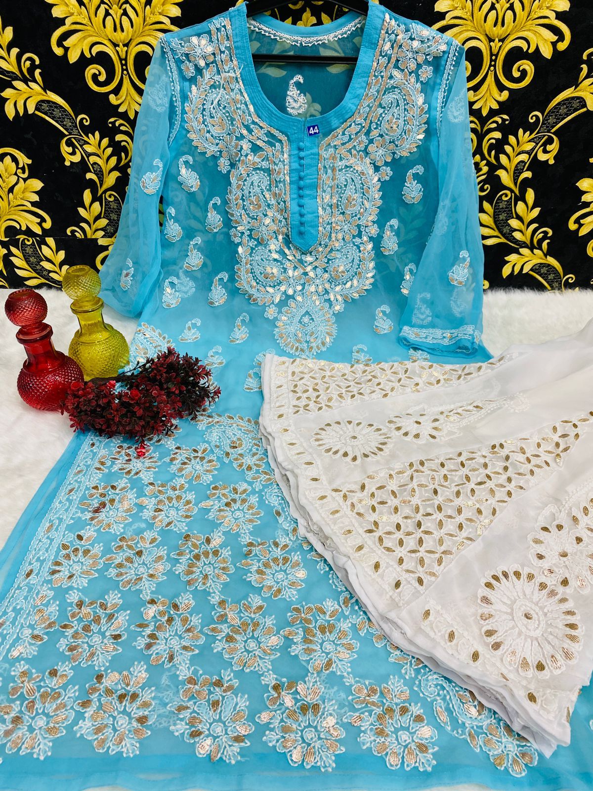 Beautiful Georgette Chikan Kurti Sharara