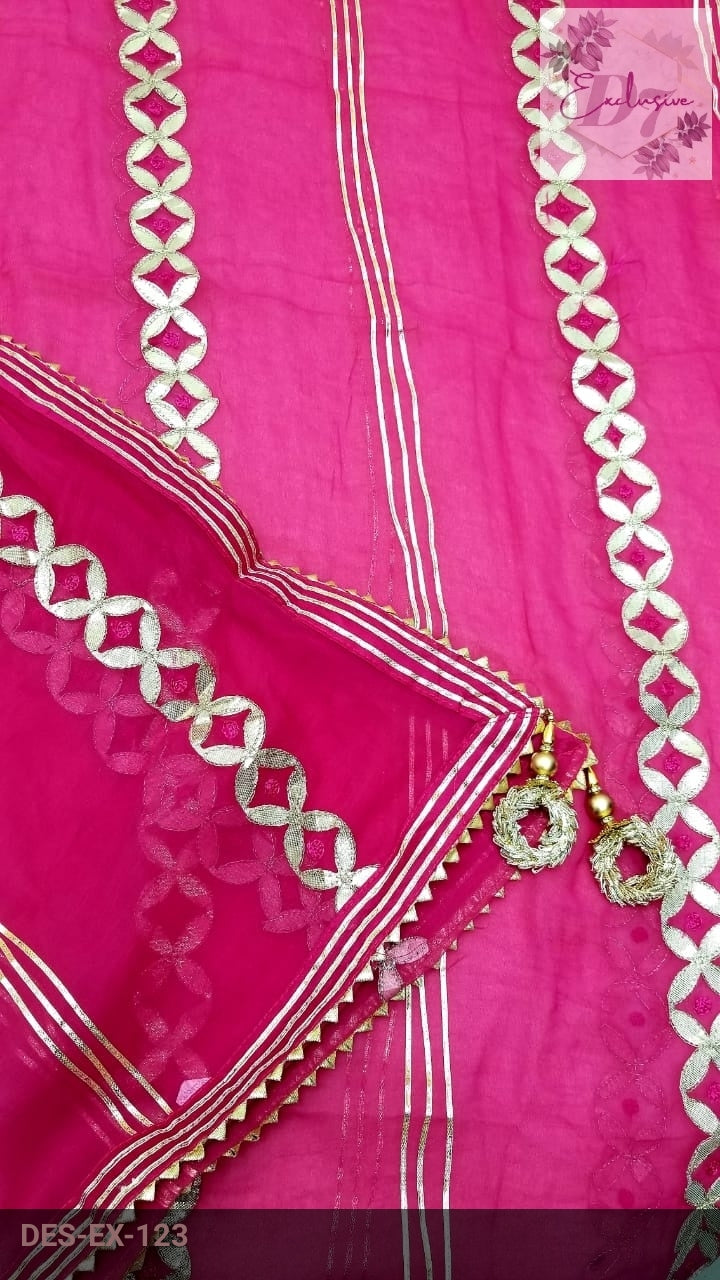 Chanderi Shirt with Gotta work, Chiffon Dupatta n Shantoon Bottom
