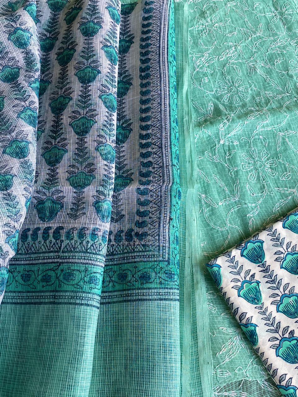 Kota Doriya Shirt with Jall Embroidery and block print Dupatta n Bottom