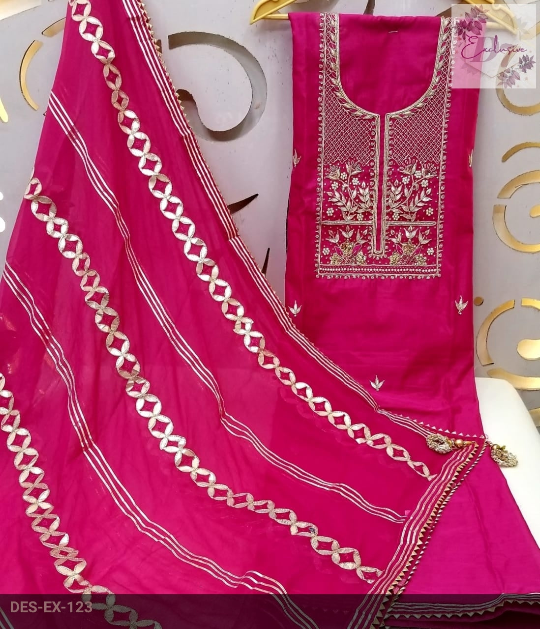 Chanderi Shirt with Gotta work, Chiffon Dupatta n Shantoon Bottom