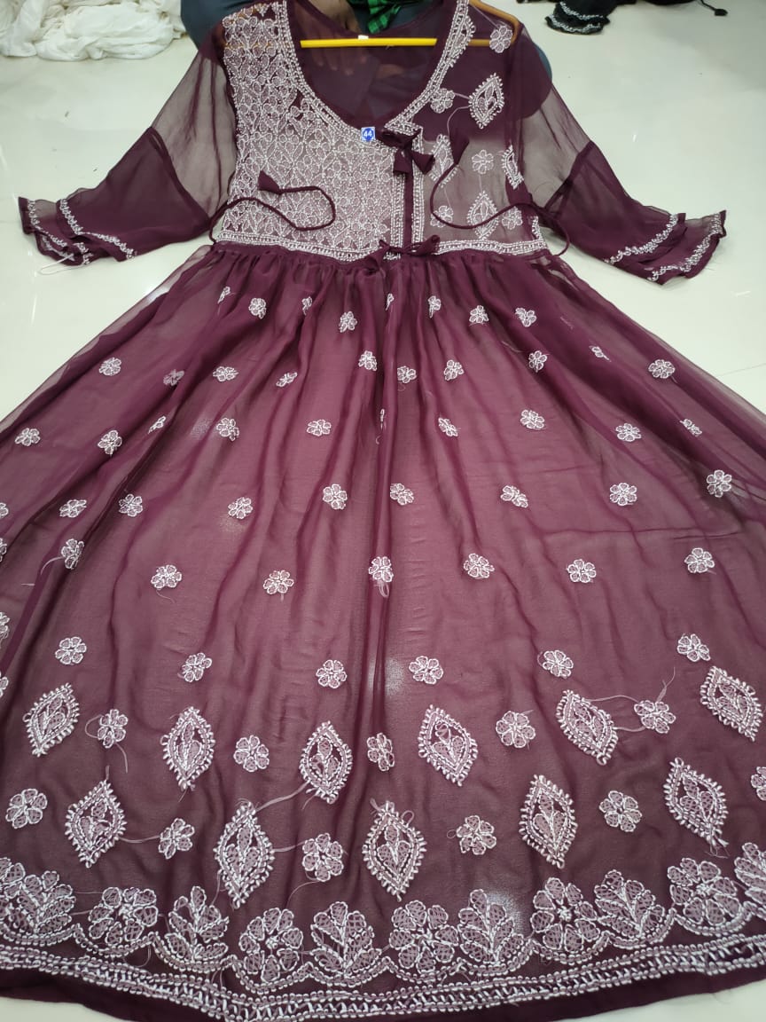 Chikankari Gown with bow knot