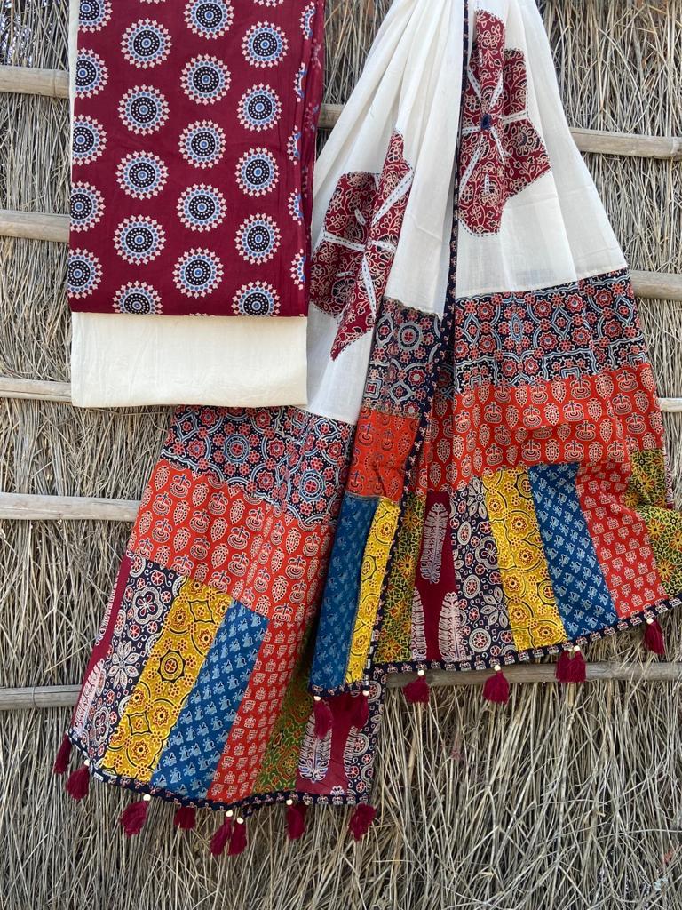 Ajrakh Suits with Applique Dupatta