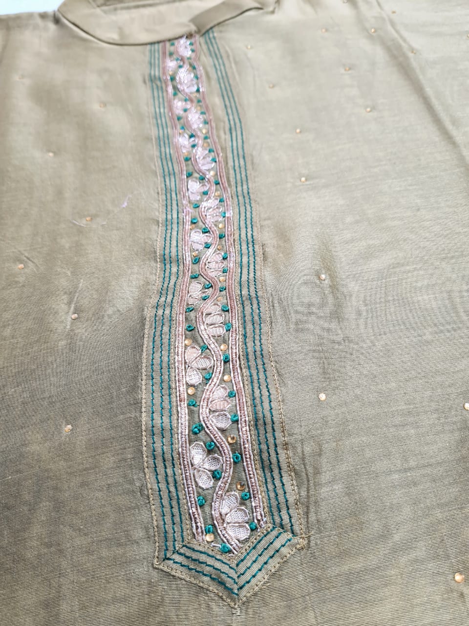 Chanderi Shirt with Gotta work, Chiffon Embroidered Dupatta n Shantoon Bottom