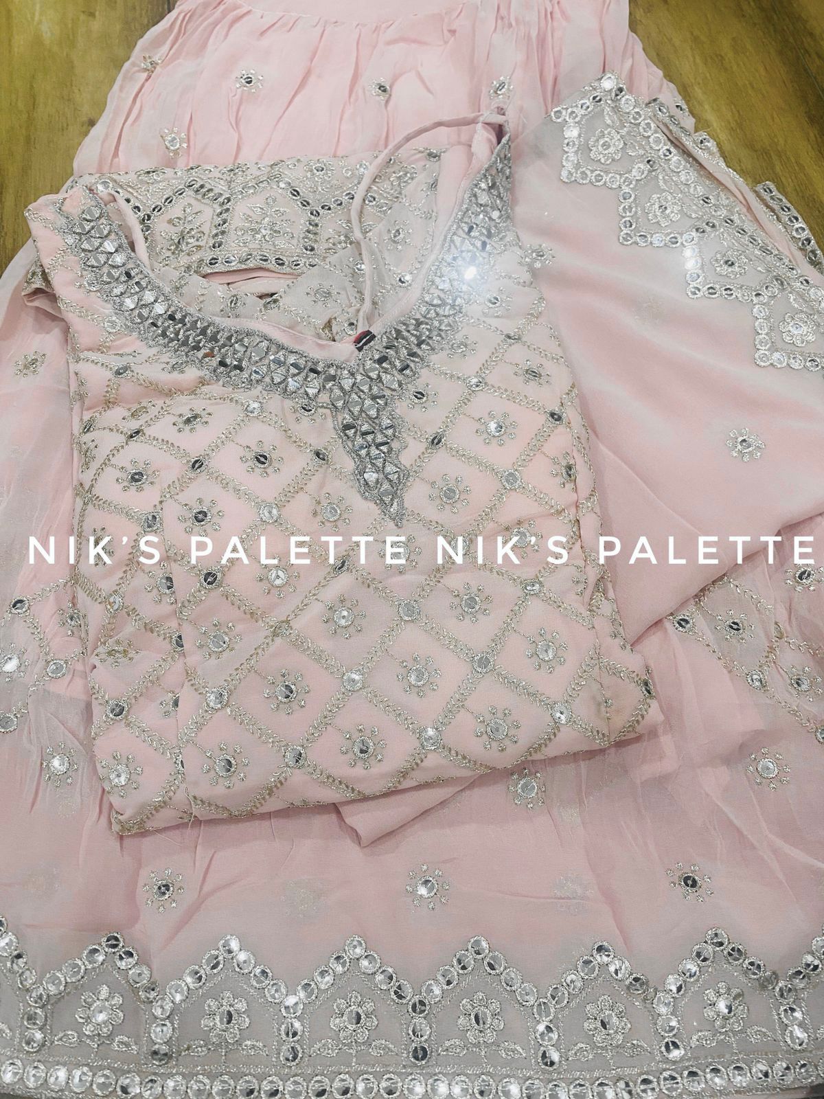 Georgette Kurti Sharara Set with heavy embroidery
