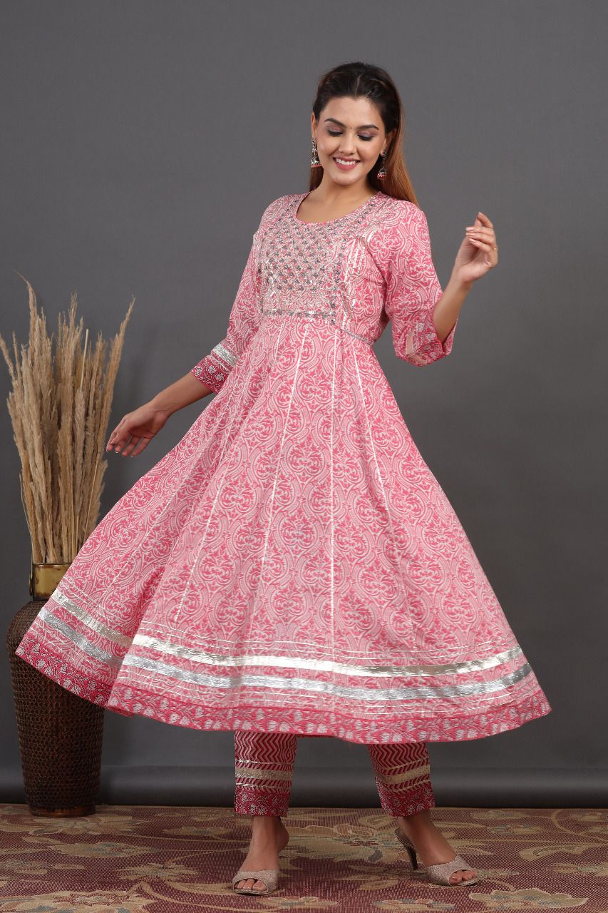 Cotton Bagru Print Anarkali with Ajrakh Print Pant n Dupatta