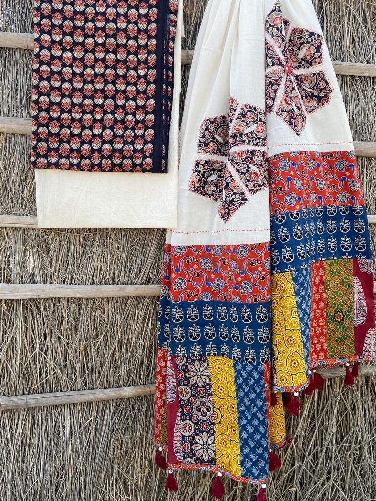 Ajrakh Suits with Applique Dupatta