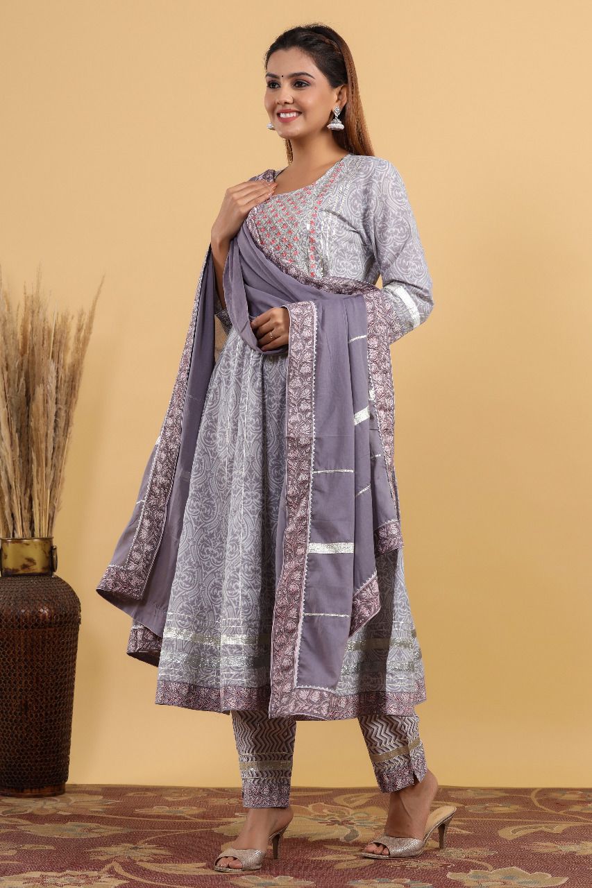 Cotton Bagru Print Anarkali with Ajrakh Print Pant n Dupatta