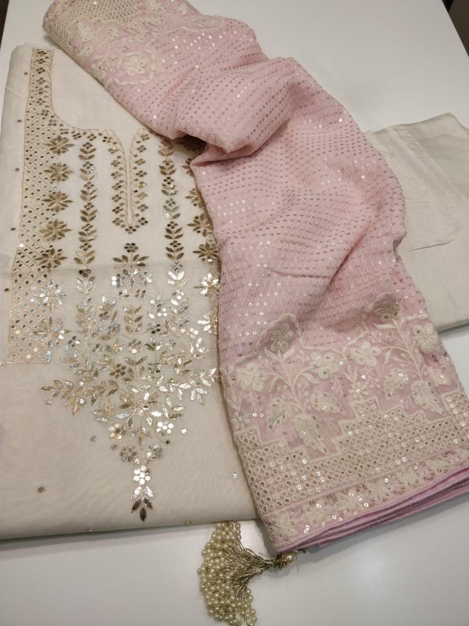 Chanderi Shirt with Gotta work, Georgette Embroidered Dupatta n Shantoon Bottom