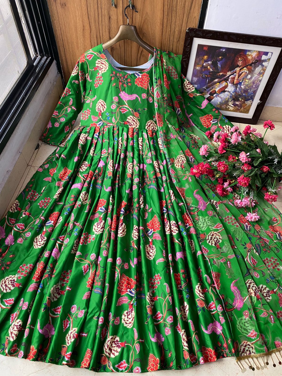 Designer Printed Butter Silk Gown