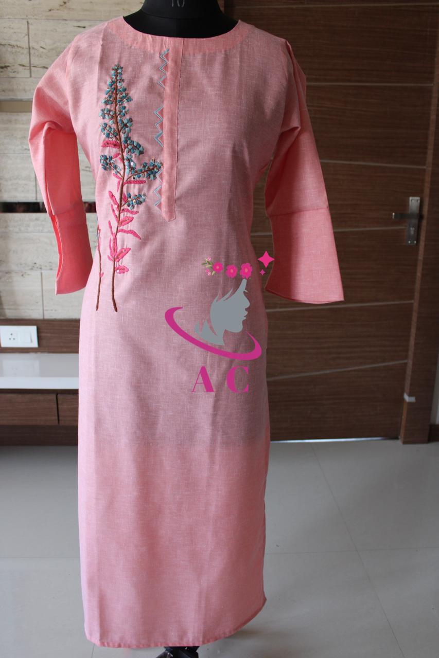 AC Cotton Stitched Embroidered Kurti