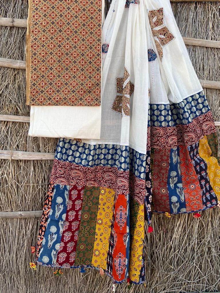 Ajrakh Suits with Applique Dupatta
