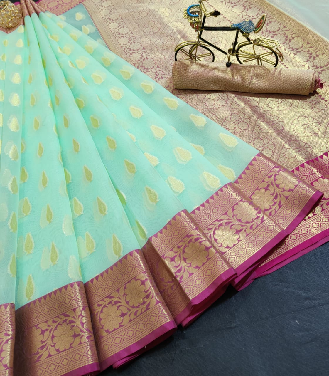 Kora organza silk saree with contrast pink border, zari motifs and running  blouse | Saree blouse designs, Fashion, Saree