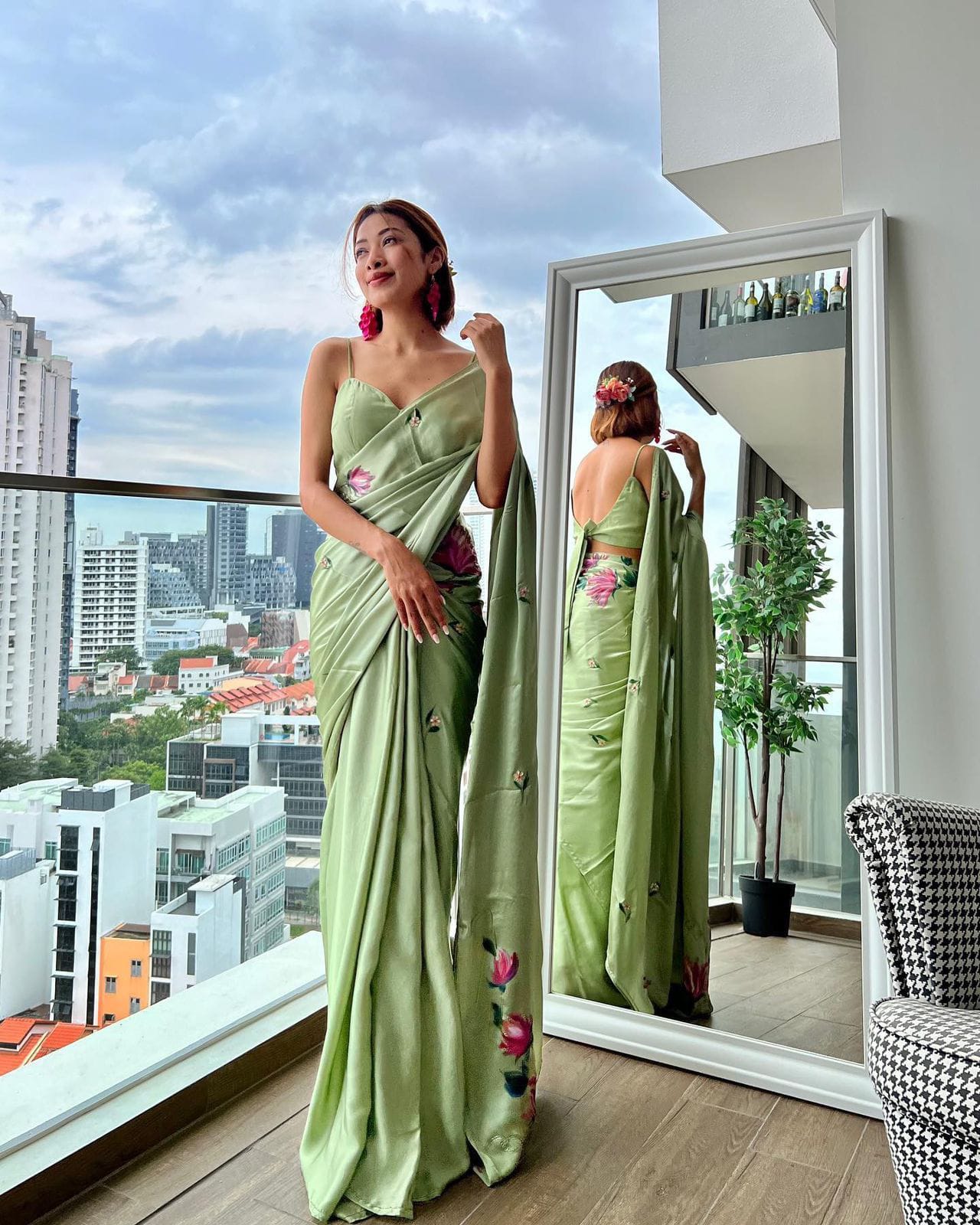 Satin Silk Georgette Handprinted Saree