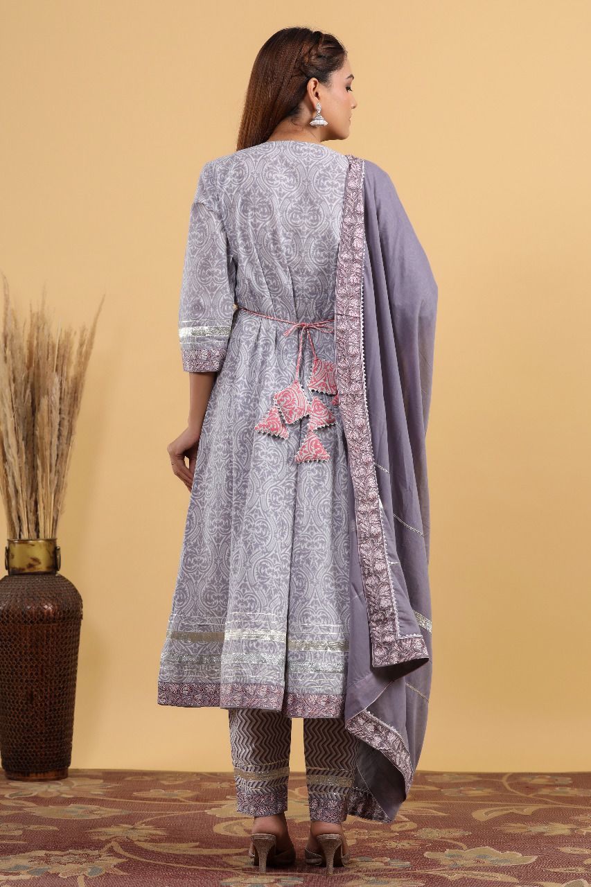 Cotton Bagru Print Anarkali with Ajrakh Print Pant n Dupatta