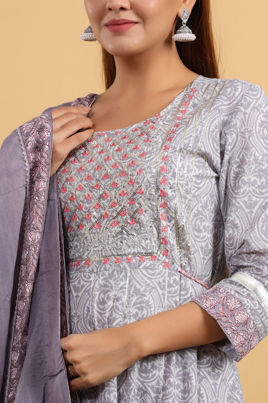 Cotton Bagru Print Anarkali with Ajrakh Print Pant n Dupatta